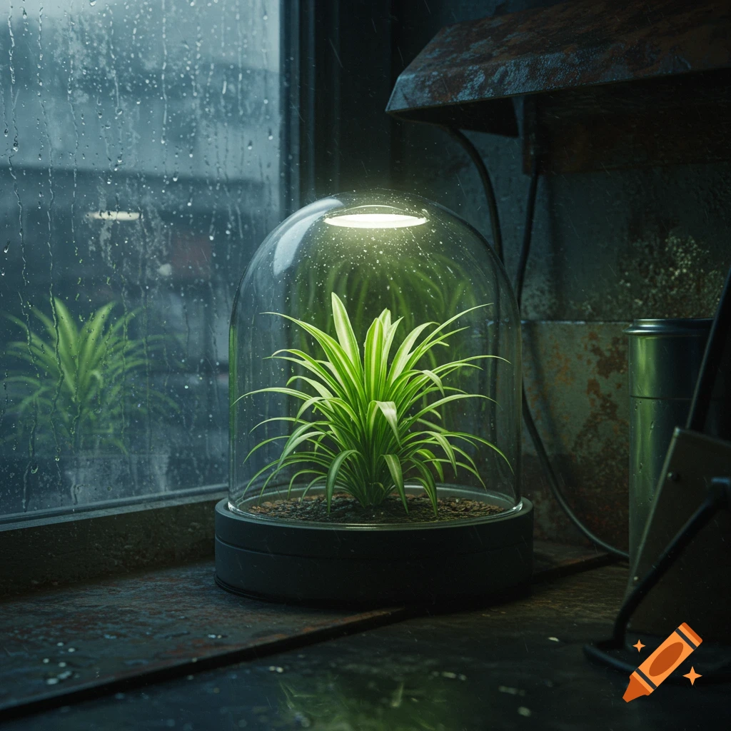 A vibrant spider plant in a glass dome sits by a rainy window in a dimly lit, gritty room.