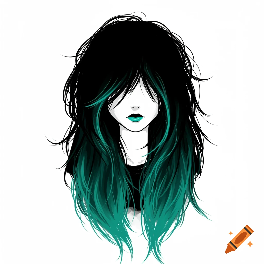 Stylized illustration of a girl with black and turquoise hair and teal lipstick.