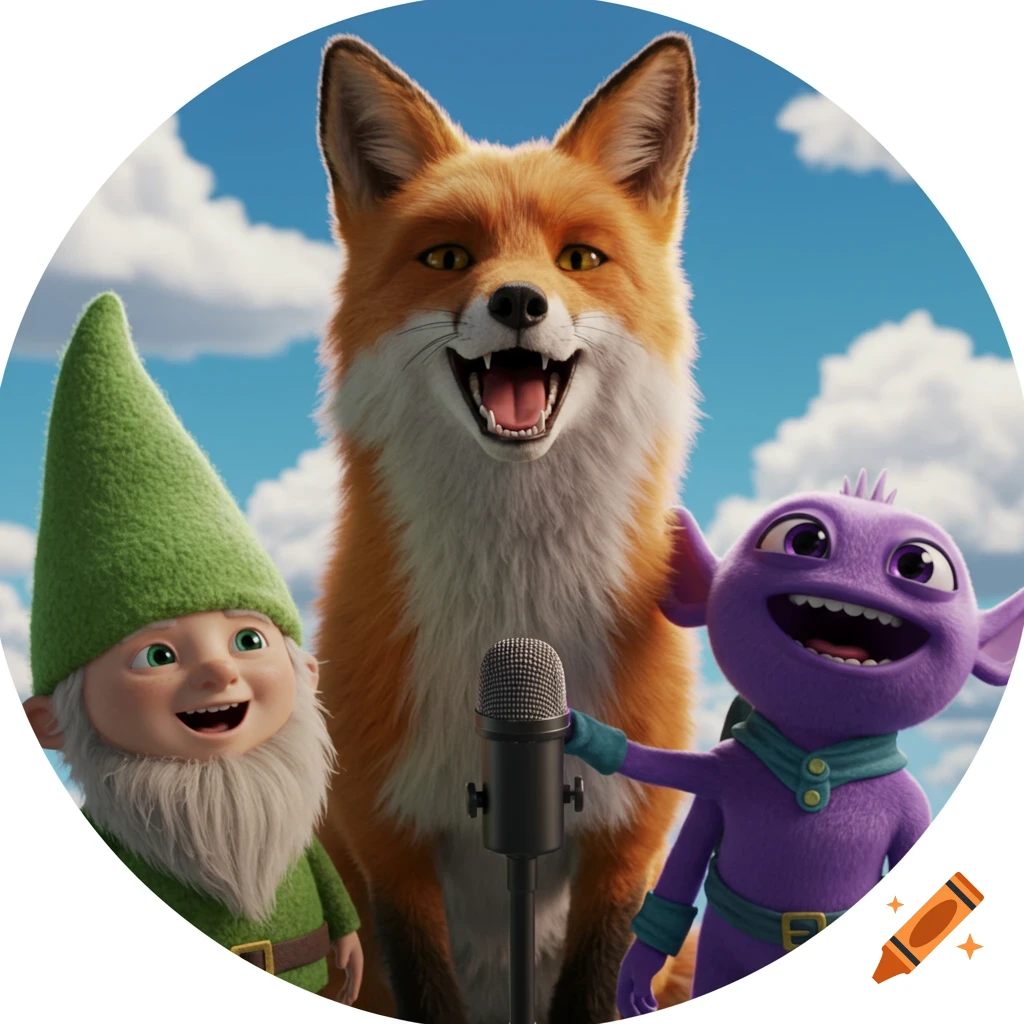 A 3D rendering of a fox, a gnome, and a purple alien singing into a microphone.
