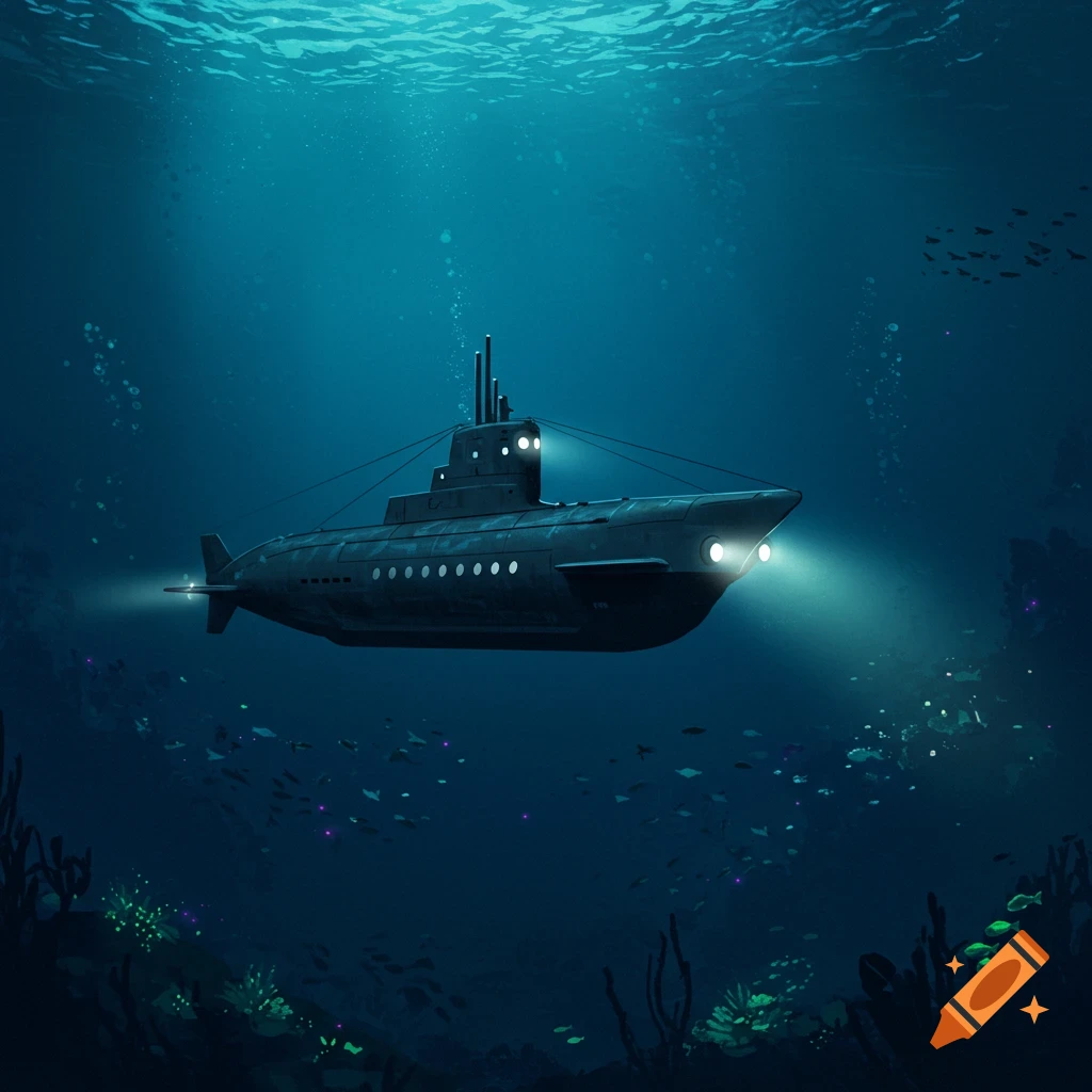 a submarine exploring the deep ocean with lights