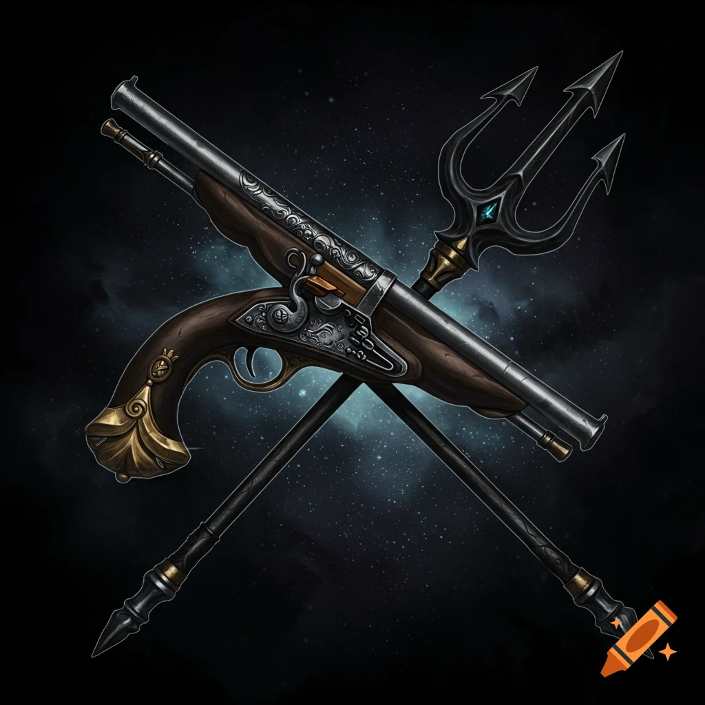 Crossed flintlock pistol and trident against a starry sky.