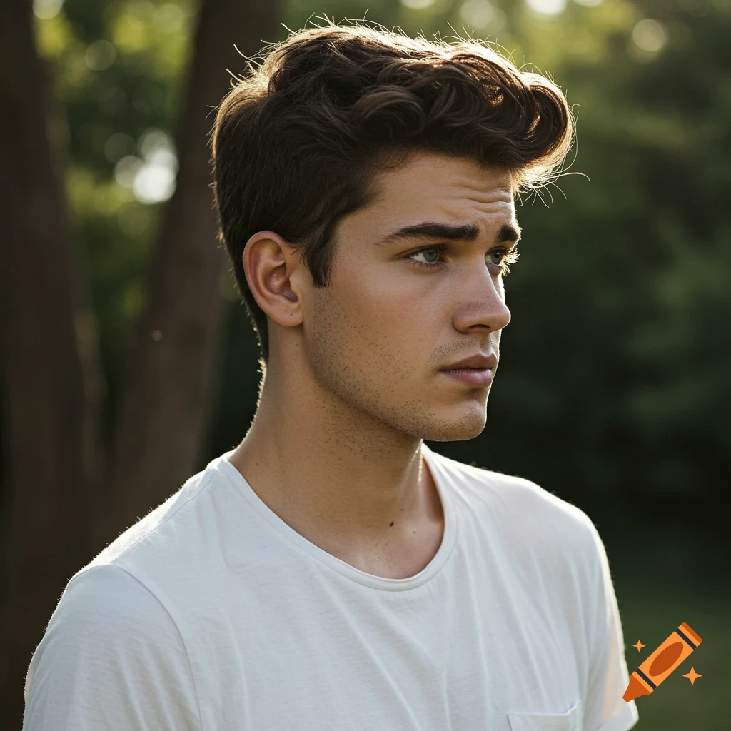 Close-up portrait of a young man with brown hair outdoors.