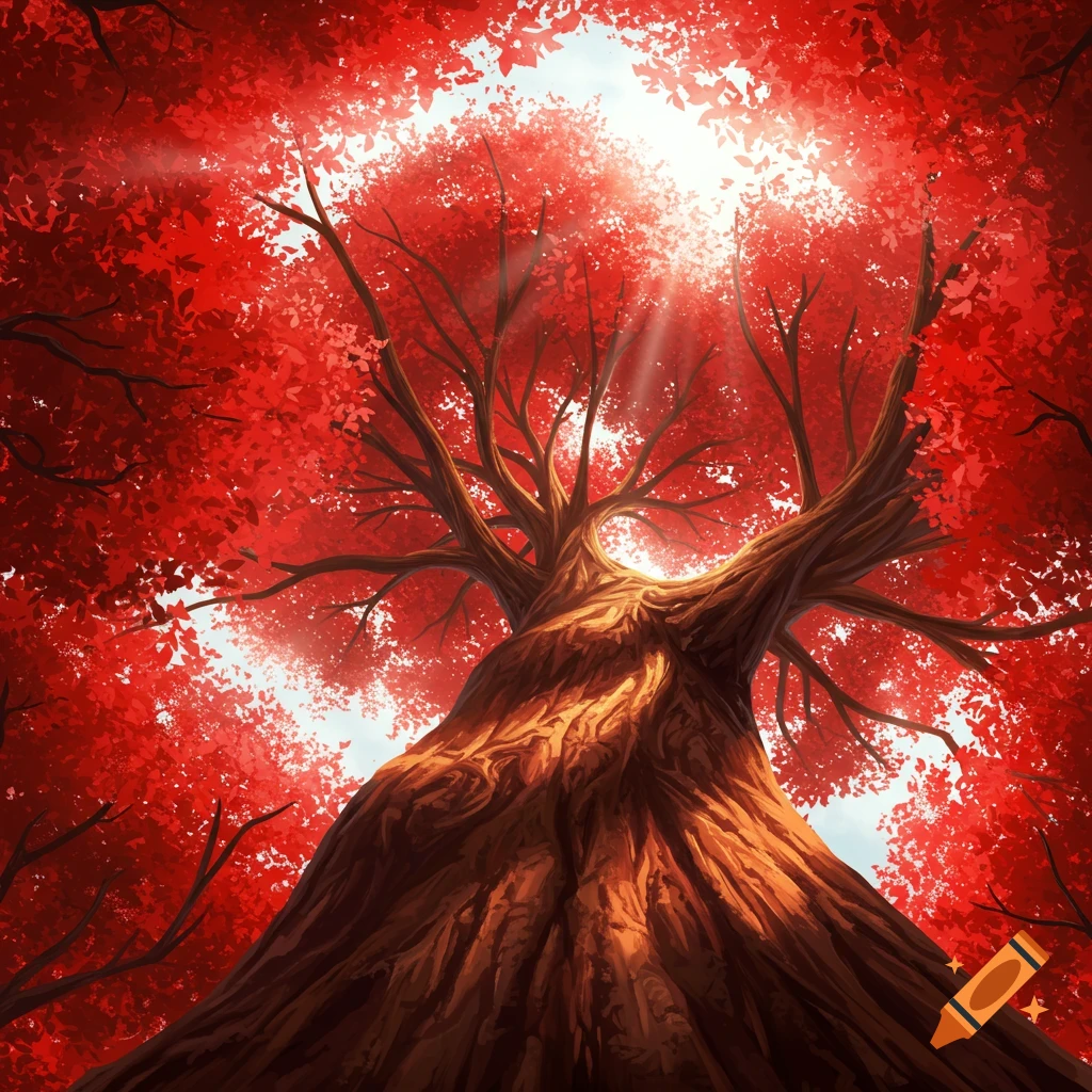A large tree with bright red leaves, viewed from below looking up at the sky.
