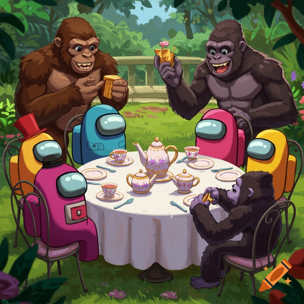 Among Us characters and gorillas having a tea party in a garden.