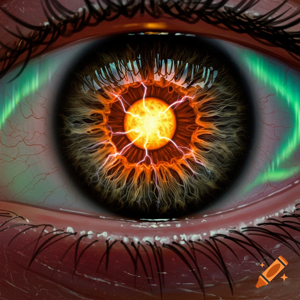 A close-up eye with a fiery sun pupil, plasma, and aurora borealis in the background.