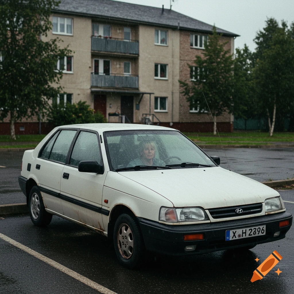 White car parked in a rainy lot with woman driver and apartment building in background.