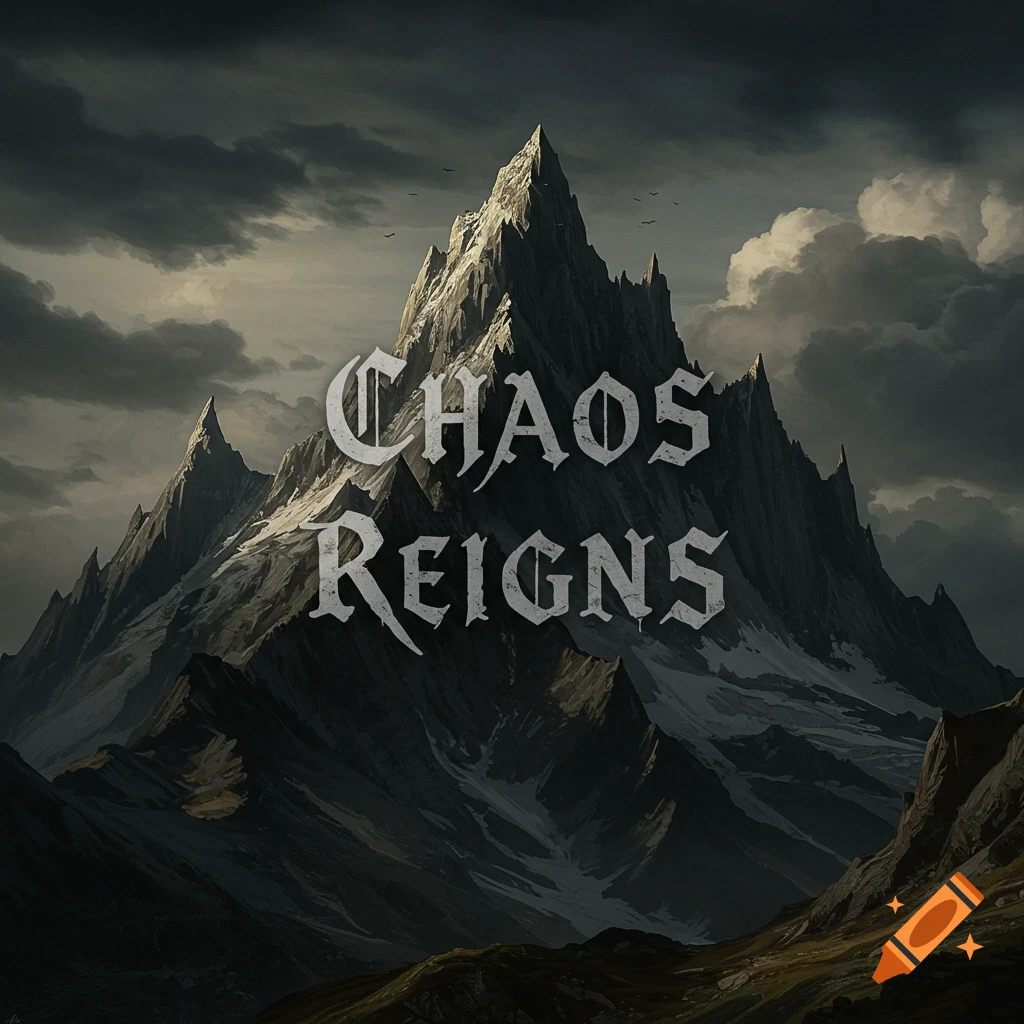A mountain with dark clouds and the words 'CHAOS REIGNS' overtop.
