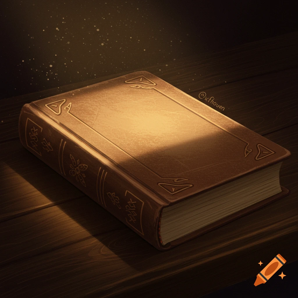An old, ornate brown book rests on a wooden table, lit by a beam of light.