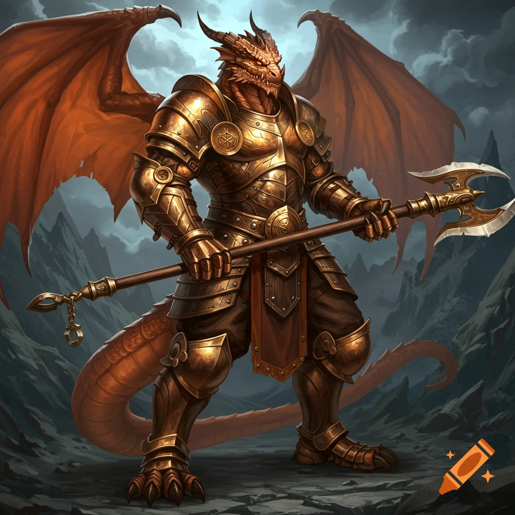 A bronze Dragonborn character in golden armor holds a glaive in a rocky landscape.