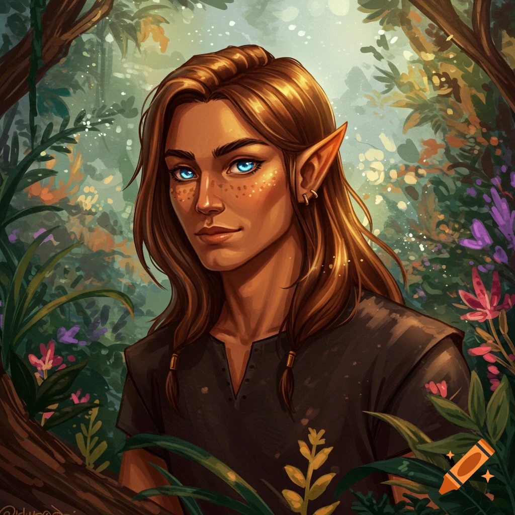 Portrait of an elf character with blue eyes and freckles in a forest setting.