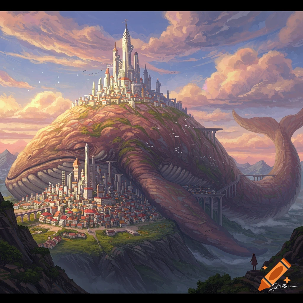 A fantasy city built on the back of a colossal whale-like creature.