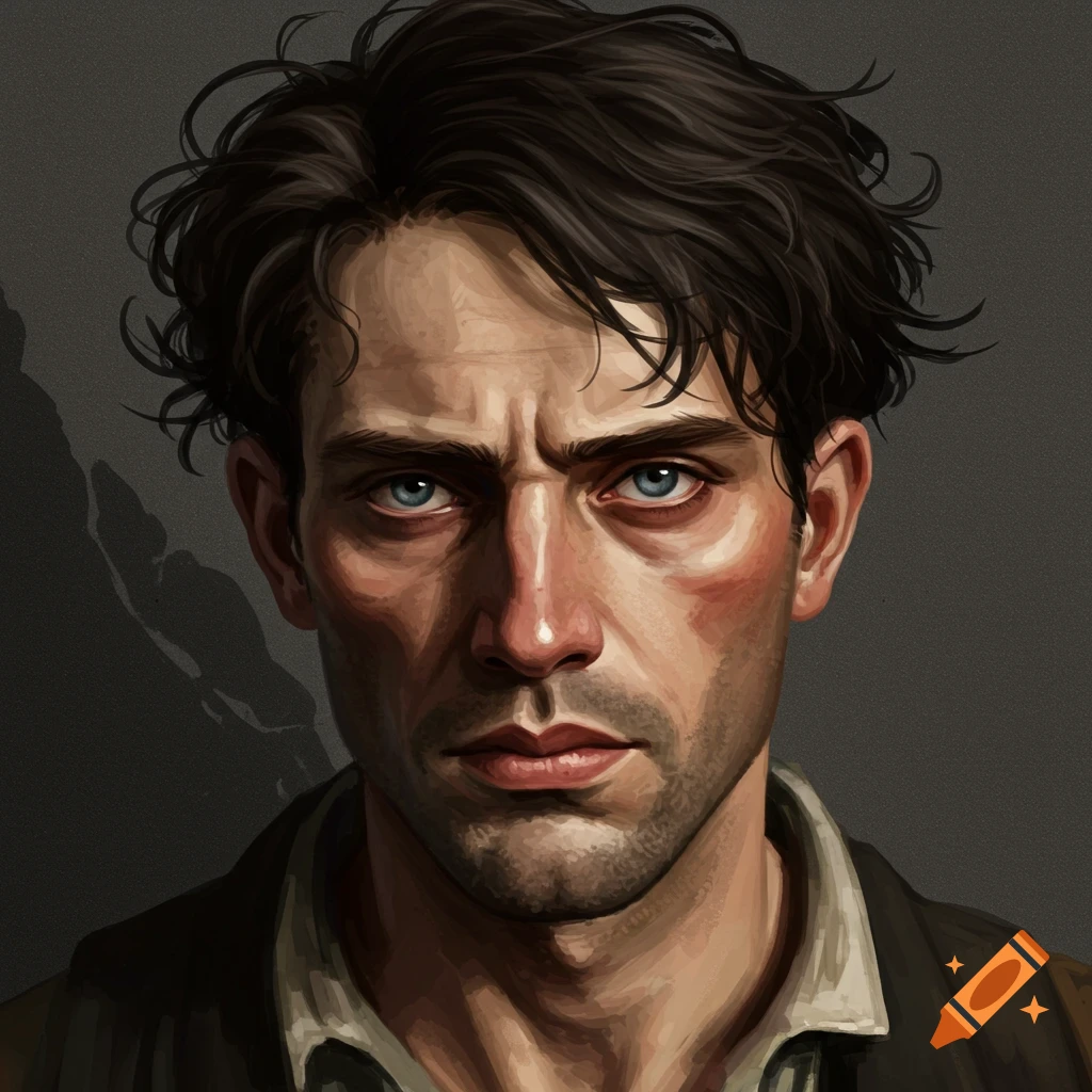 Close-up portrait of a man with dark hair and blue eyes, looking intensely.