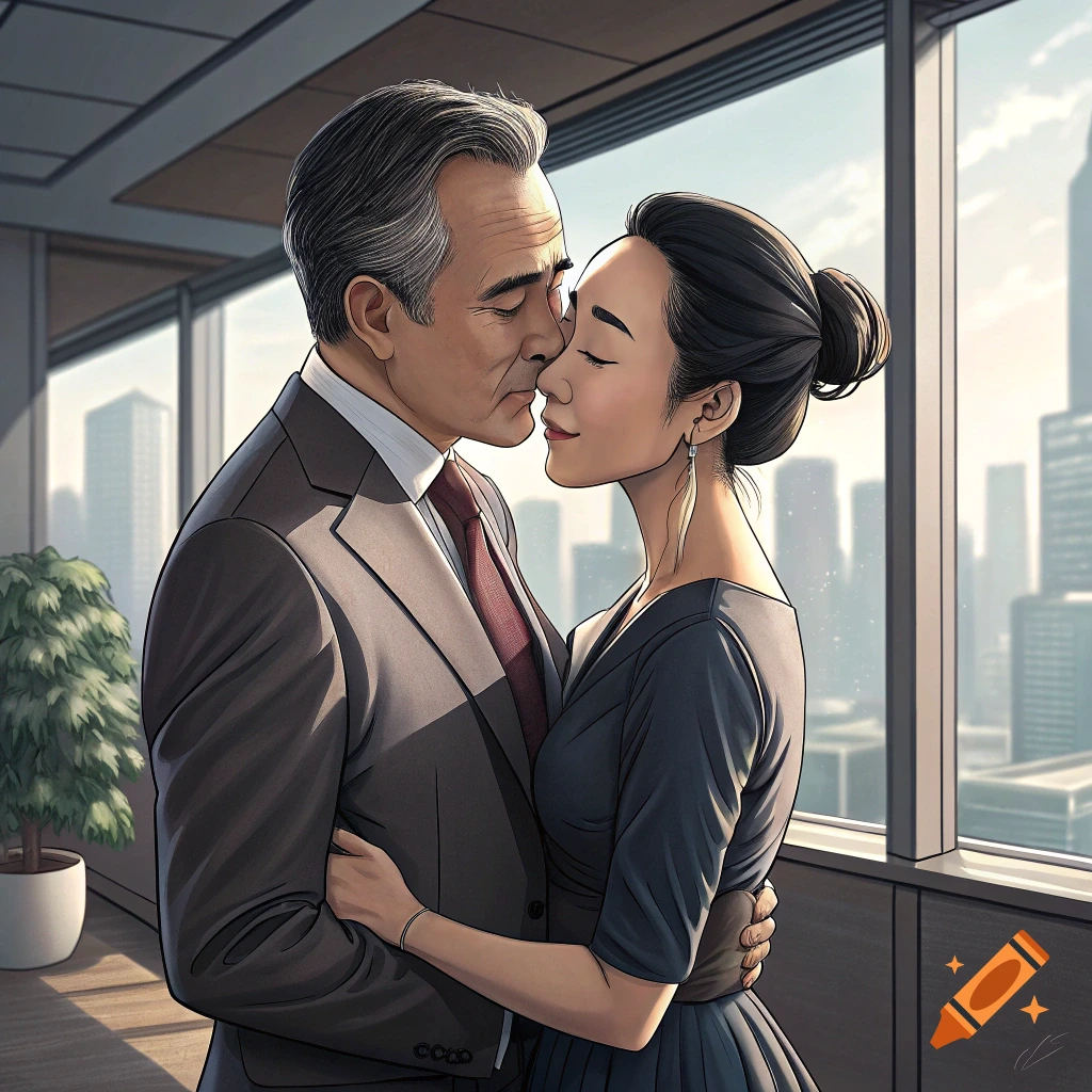 A couple embraces in an office, about to kiss, with a city skyline view.