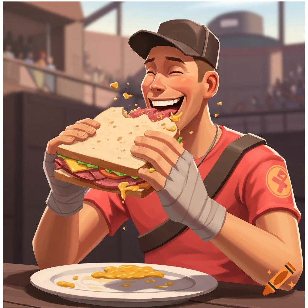 The Team Fortress 2 Scout character happily eating a large sandwich