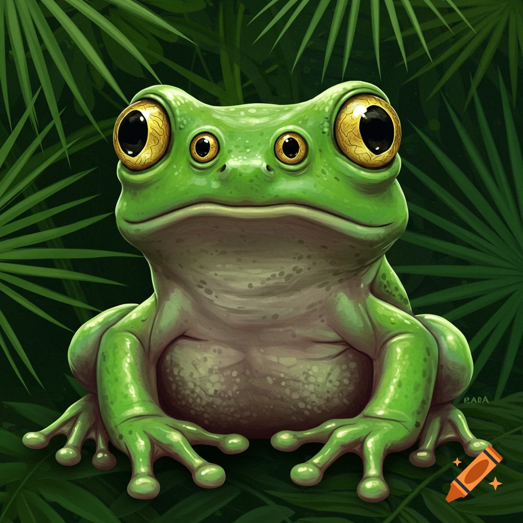 A green frog with large yellow eyes is shown among green leaves.