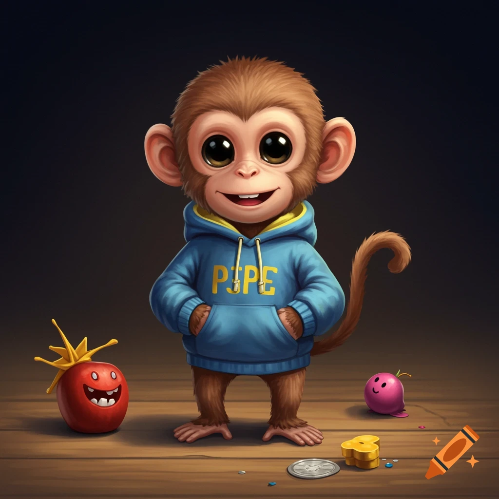 A cute cartoon monkey in a blue hoodie stands on a wooden floor with toys.