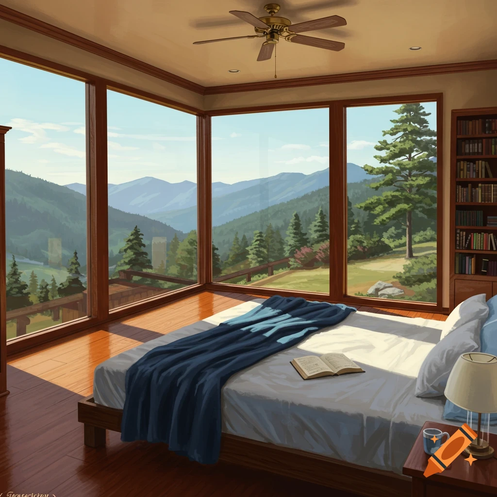 A bedroom with large windows looking out at a mountain valley, with a bed, bookshelf, and lamp.
