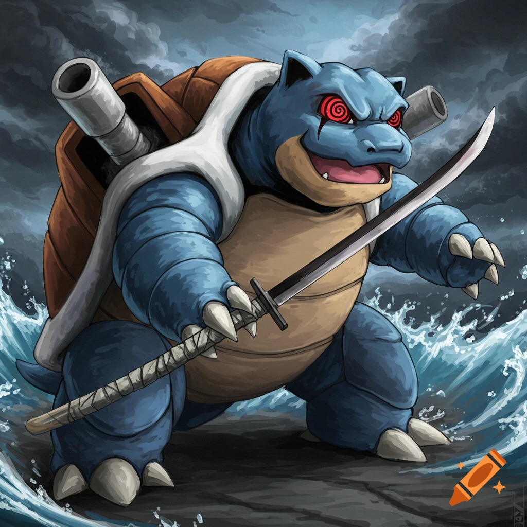 A depiction of Blastoise with Sharingan eyes holding a katana by the sea under a stormy sky.