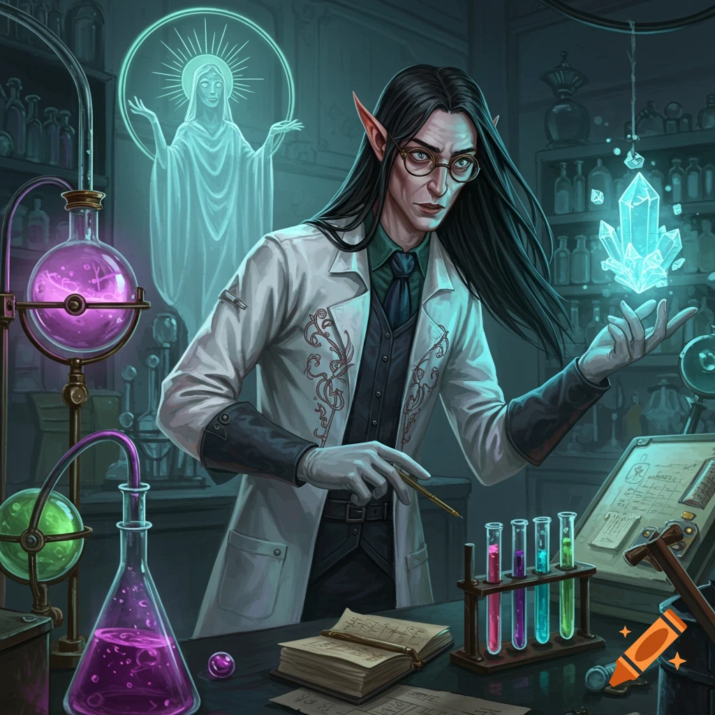 A pale elf scientist in a lab coat holds a glowing crystal. A ghostly figure is in the background.