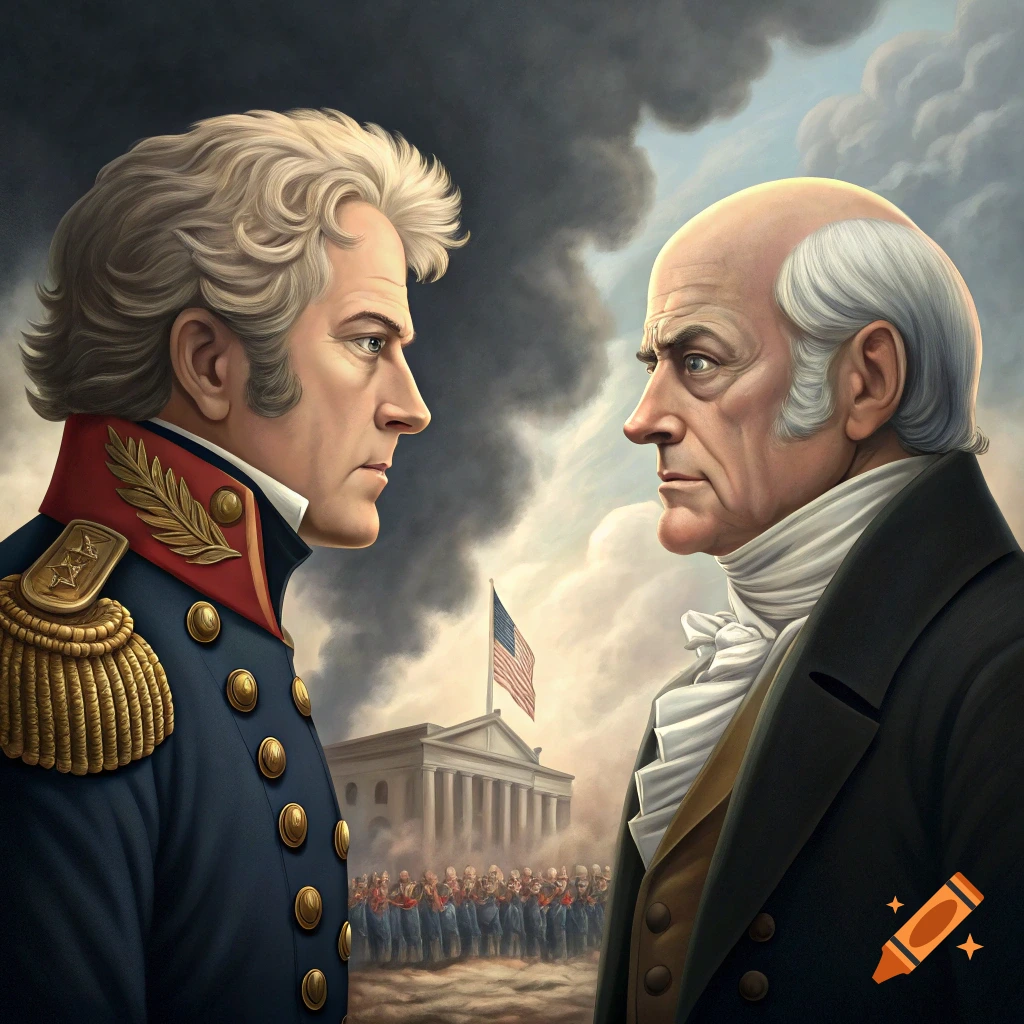 Two men, one in military uniform, one in civilian clothes, face each other in profile. A crowd, a building, and an American flag are in the background under dramatic clouds.