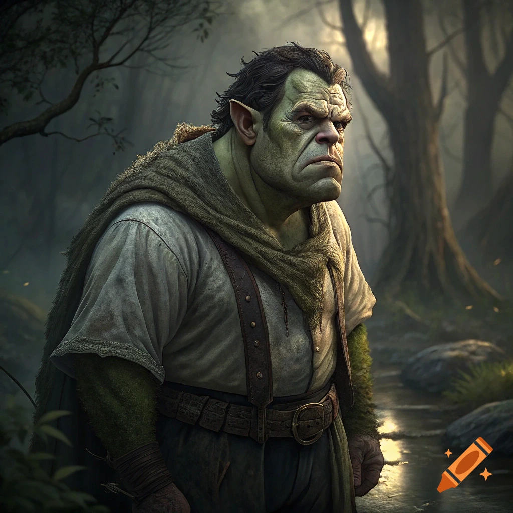 A fantasy character resembling a human-like orc stands in a misty forest.