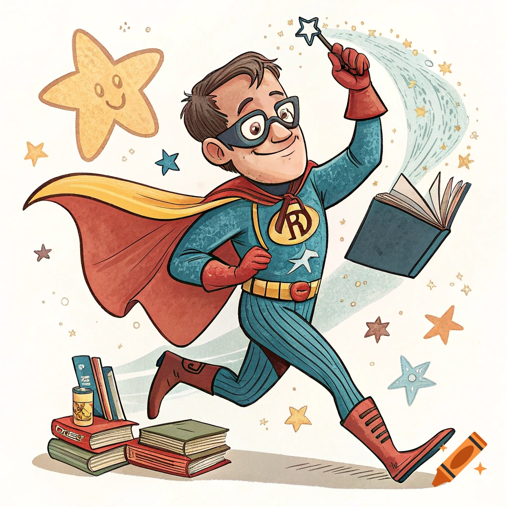 A cartoon superhero with an 'R' emblem, red cape, and blue suit runs with a wand and books.