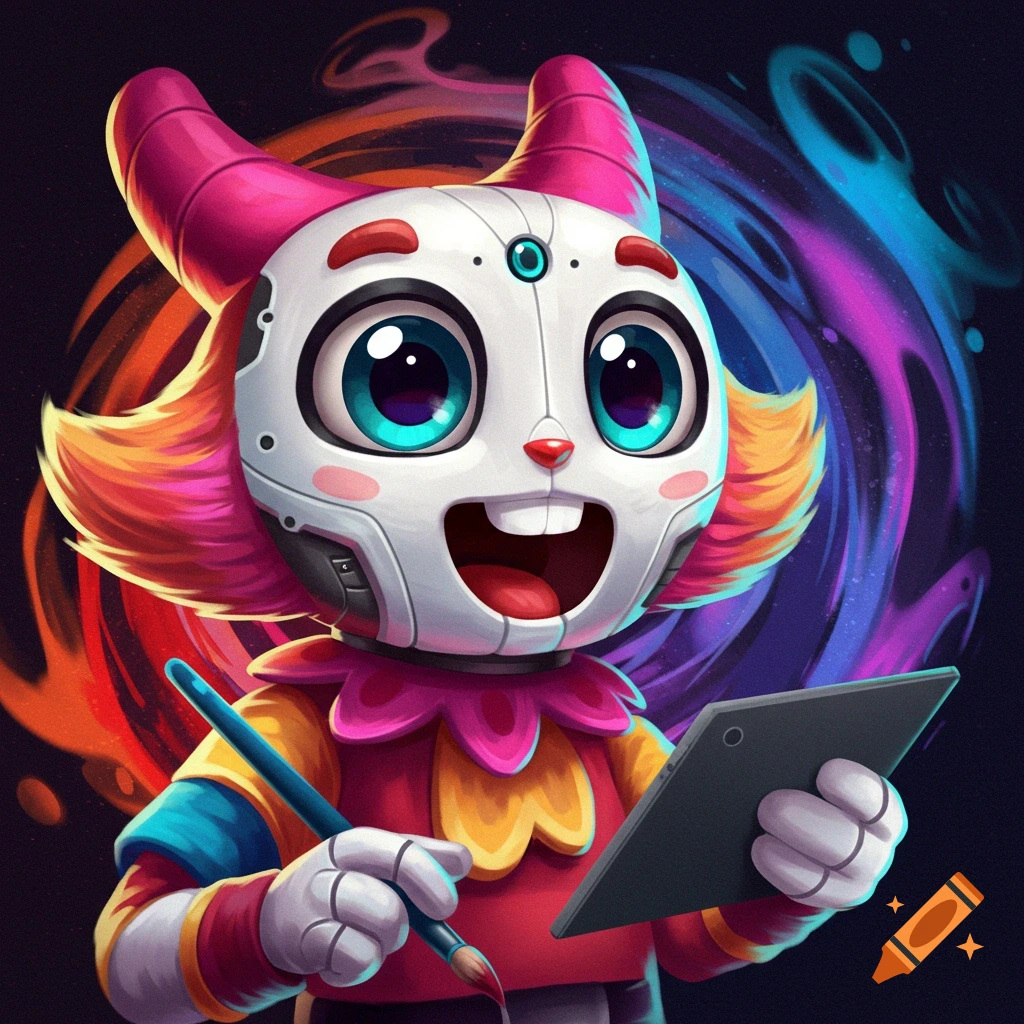 A colorful cartoon robot character holds a stylus and tablet, with a vibrant abstract background.
