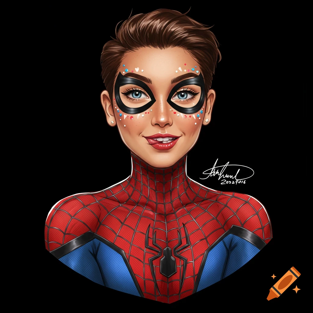 Portrait of a person wearing a Spider-Man suit and face paint, sticking out their tongue.