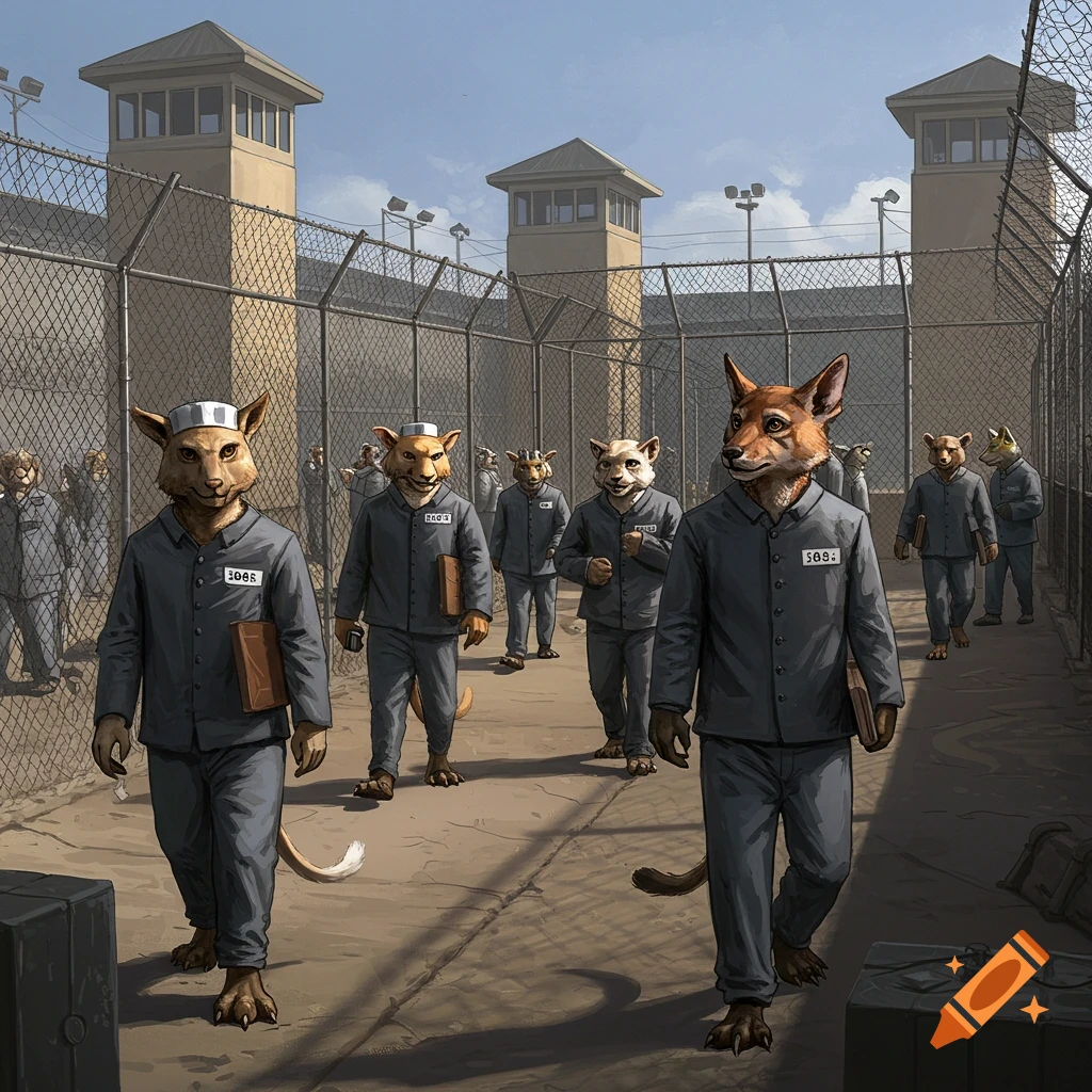 Anthropomorphic animals in prison uniforms walking in a prison yard.