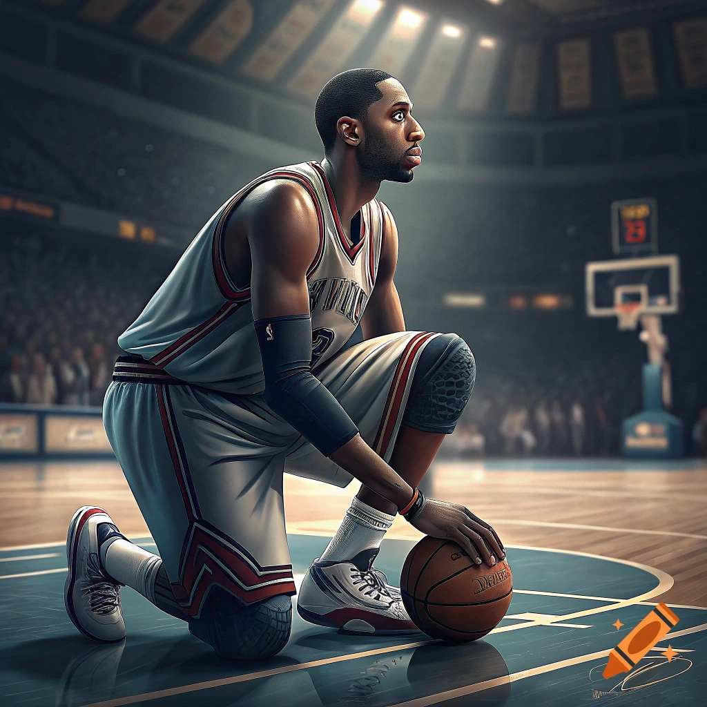 A basketball player kneels on the court in an arena, holding a basketball.