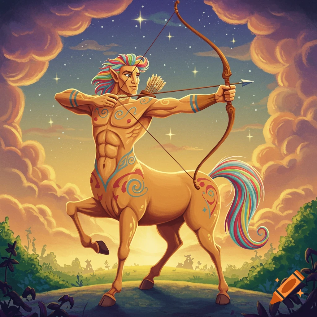 Colorful illustration of a centaur archer aiming his bow and arrow against a sunset sky.