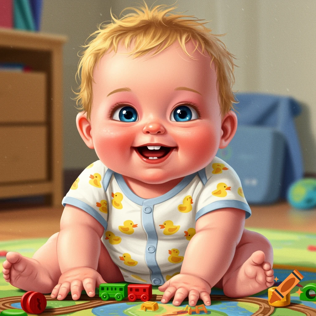 A cheerful baby with blonde hair and blue eyes, wearing a duck onesie, sitting on a rug with toy trains.