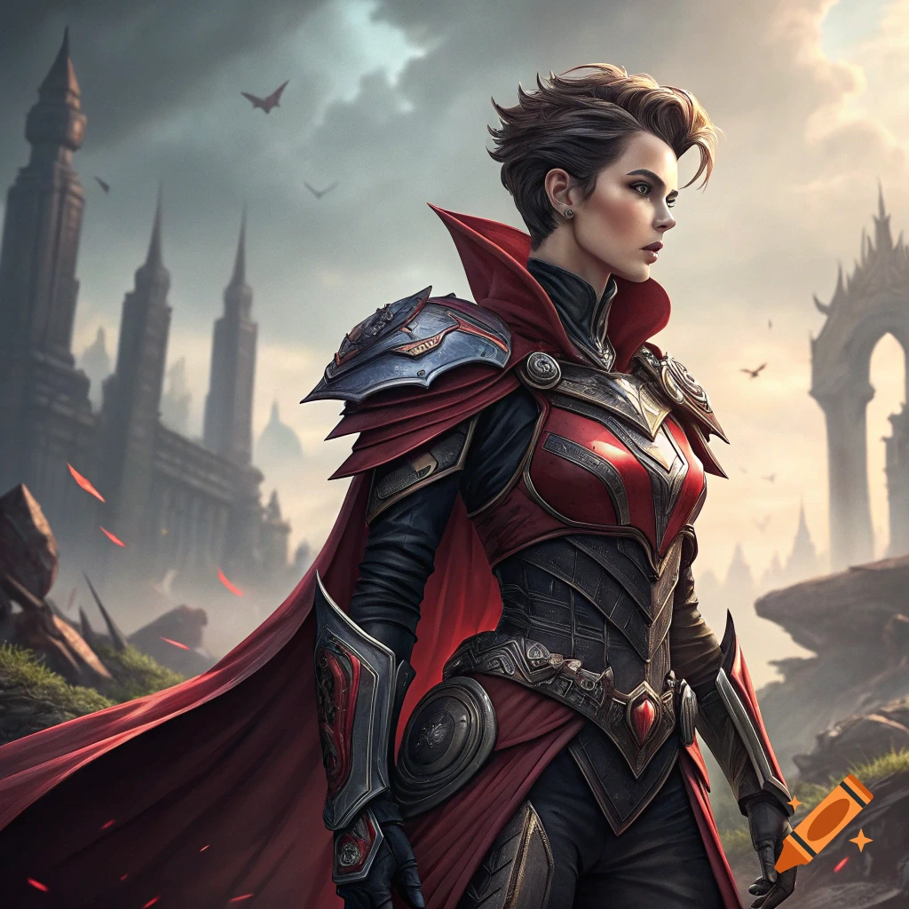Woman in red and black fantasy armor stands in a ruined city under a cloudy sky.