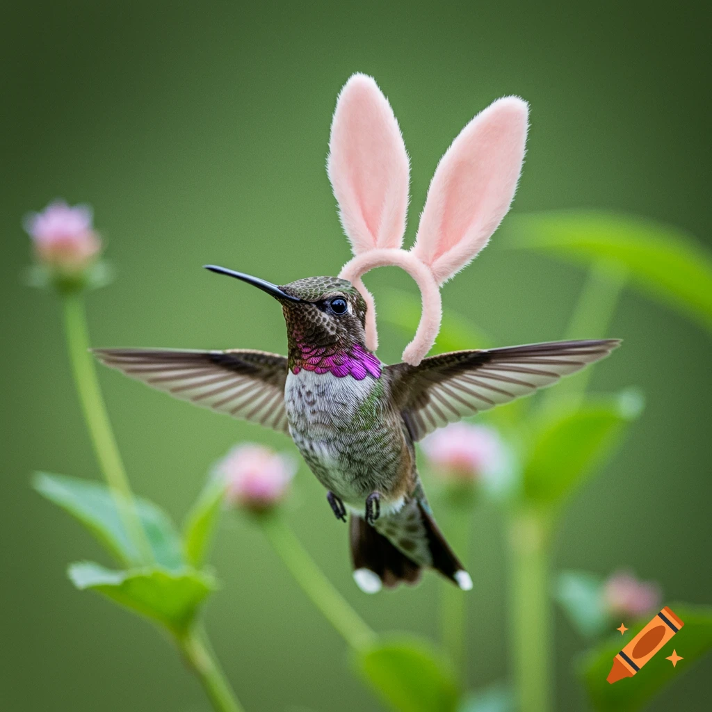 A realistic photo of a hummingbird flying, wearing pink bunny ears.