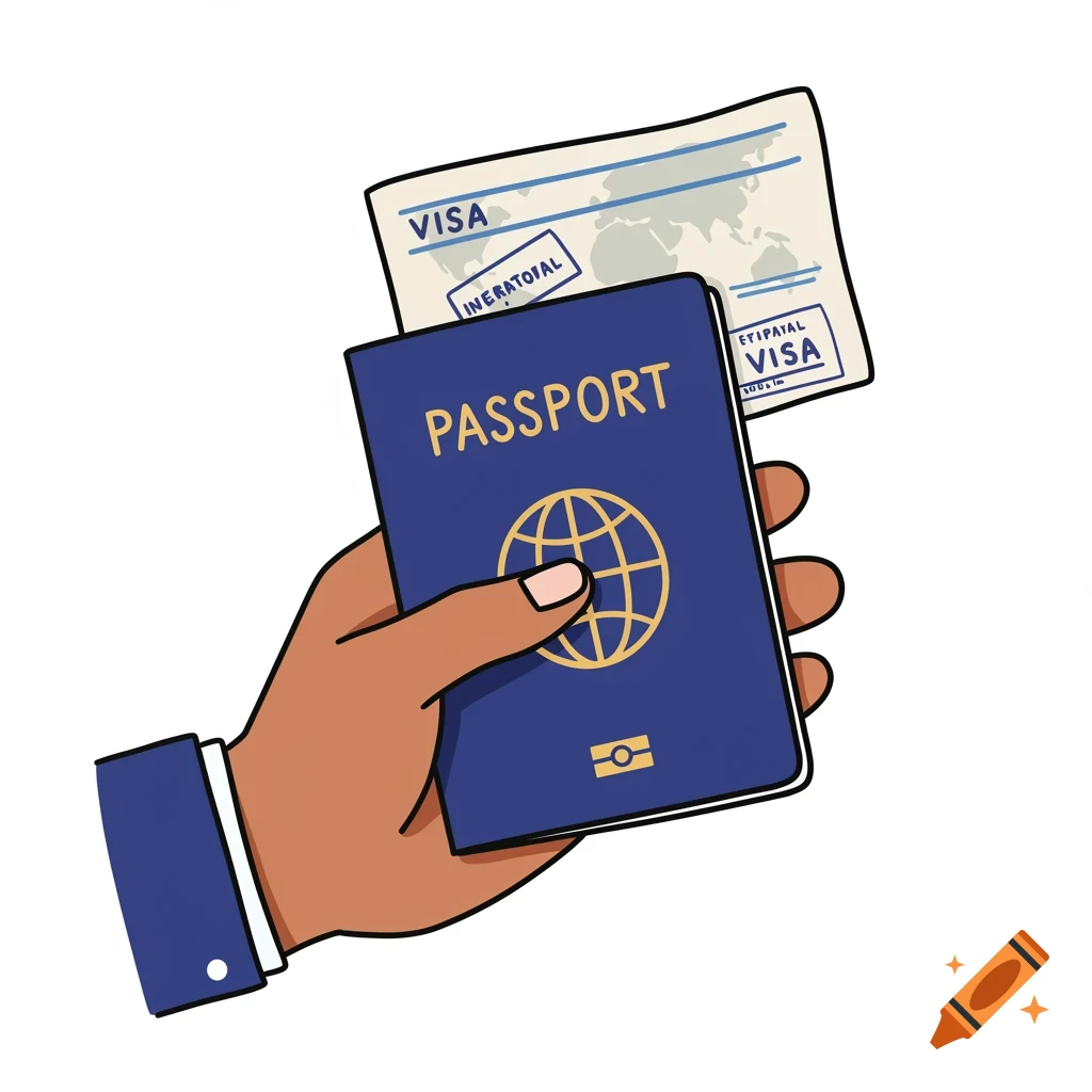 Illustration of a hand holding a blue passport and a visa.