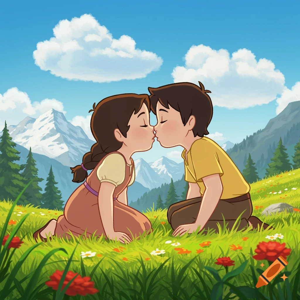 Two cartoon children kiss in an alpine meadow.