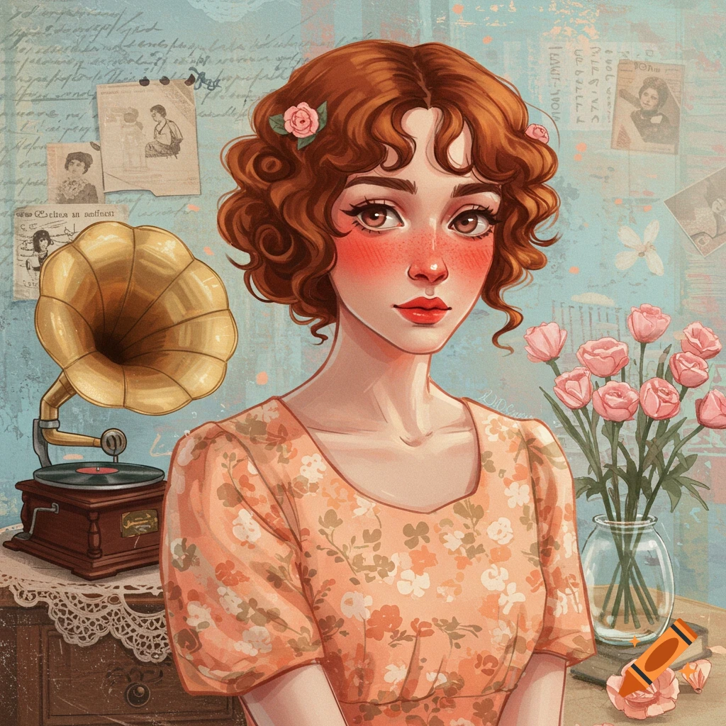 A woman in a vintage dress is pictured with a gramophone and flowers.
