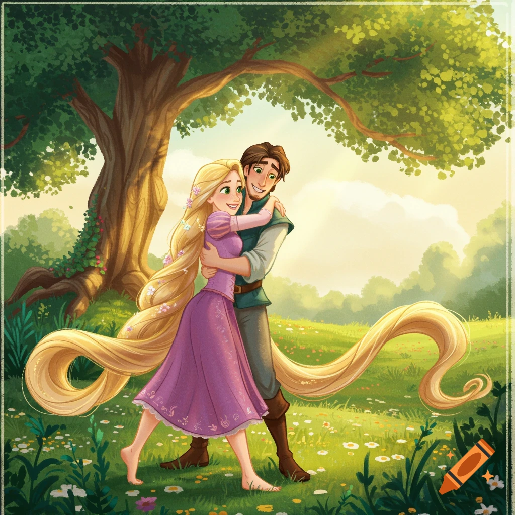 Rapunzel and Flynn Rider embrace in a sunny meadow under a large tree, in a whimsical style.