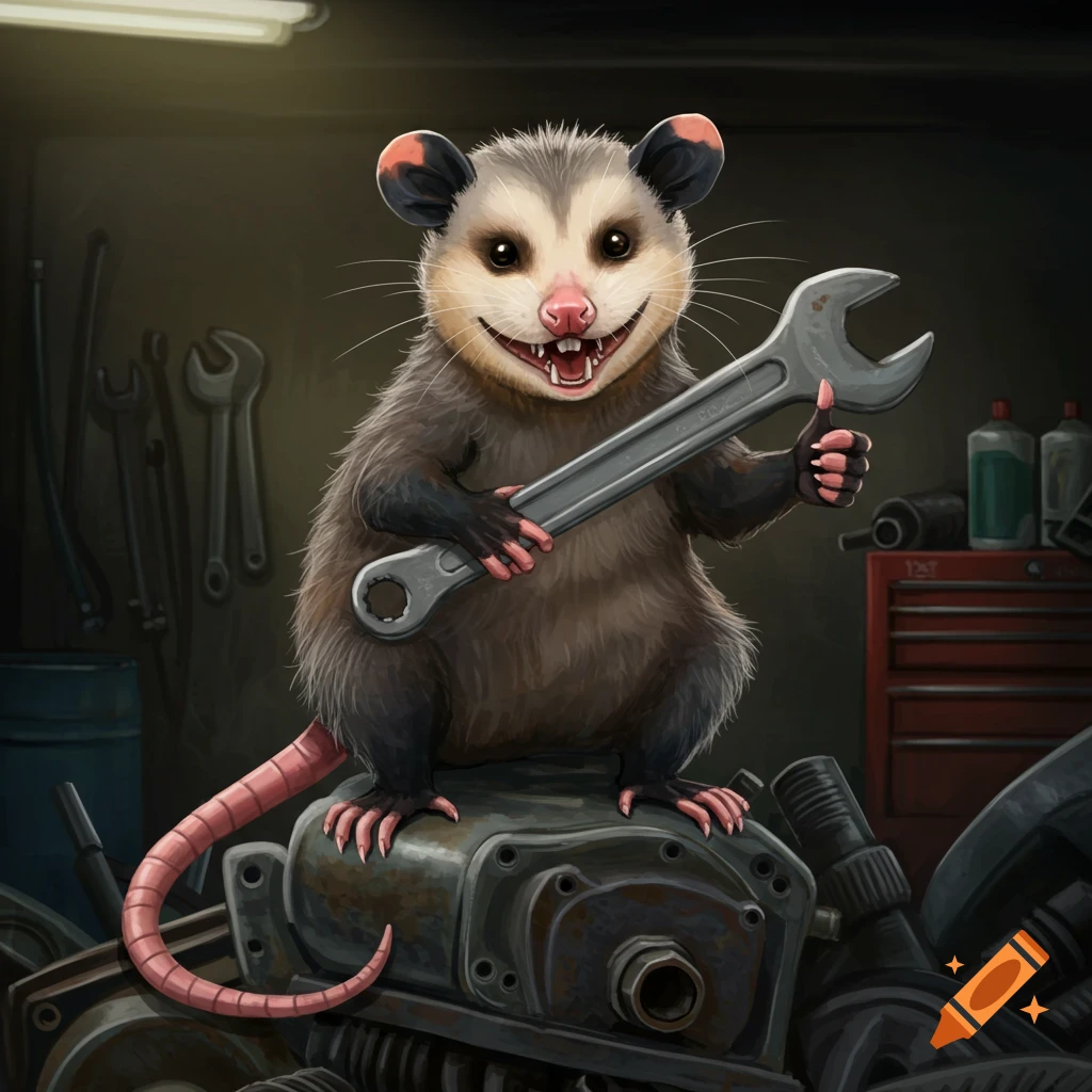 An opossum is holding a wrench and giving a thumbs up in a garage.