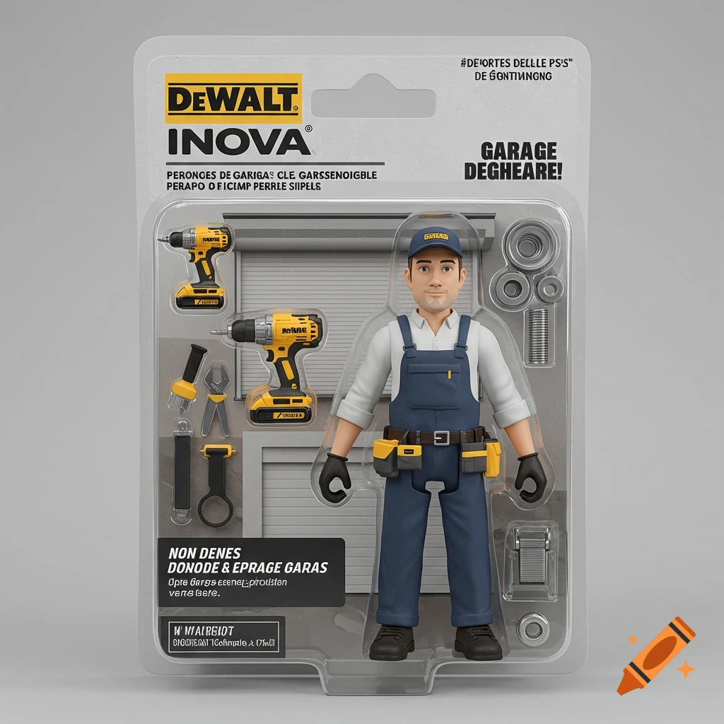 Action figure of a garage technician with tools in a blister package, featuring Dewalt and Inova branding.
