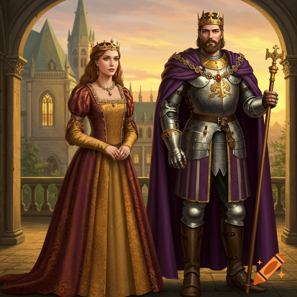 A queen and king in fantasy attire stand under an archway with a castle in the background.