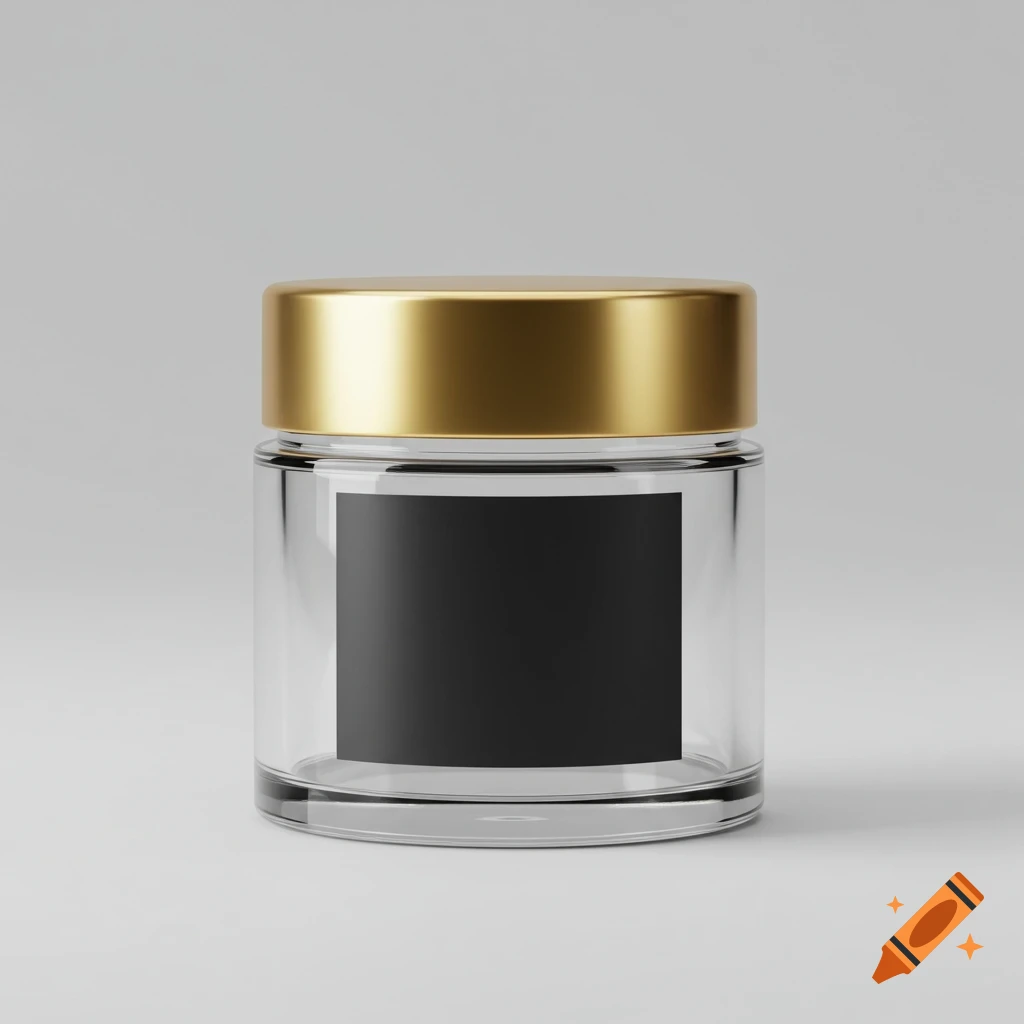 A clear cosmetic jar with a gold lid and a blank black label on a grey background.