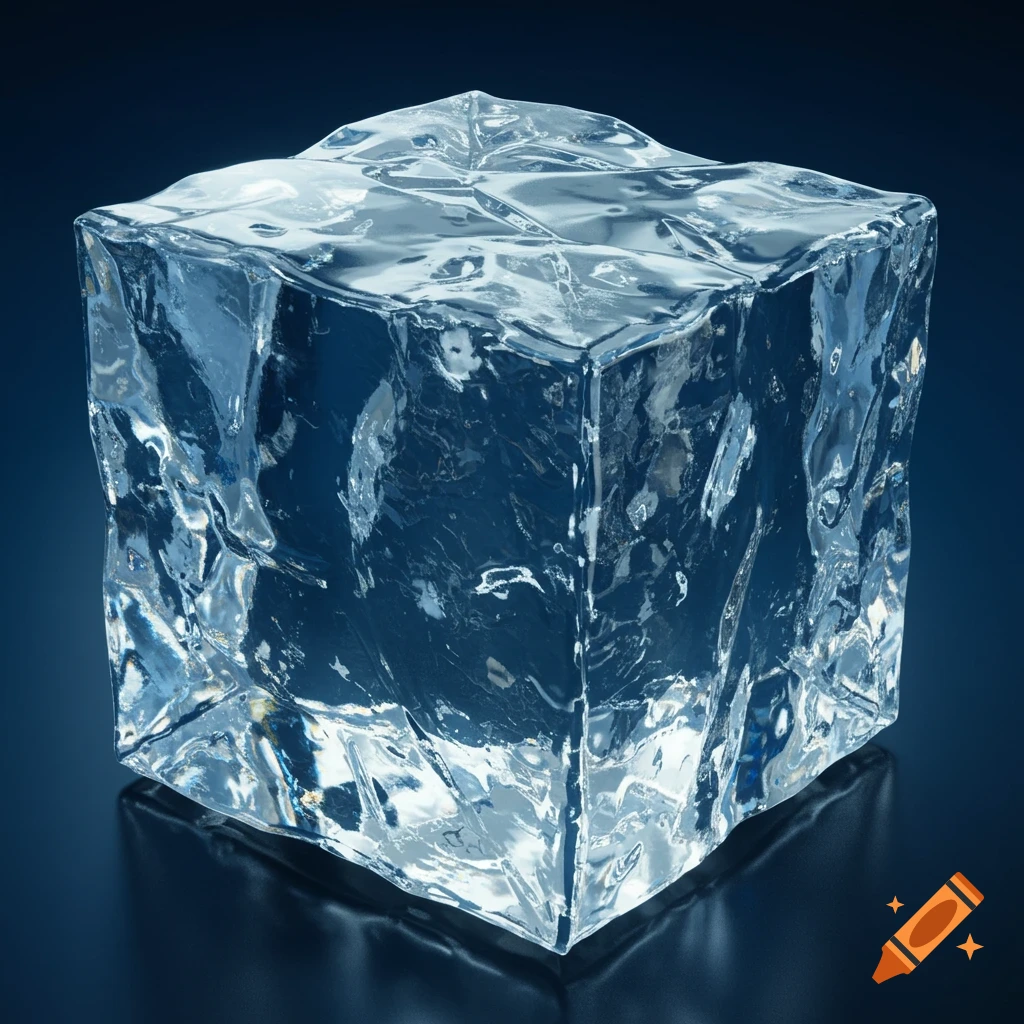 A detailed, realistic ice cube on a dark blue background.