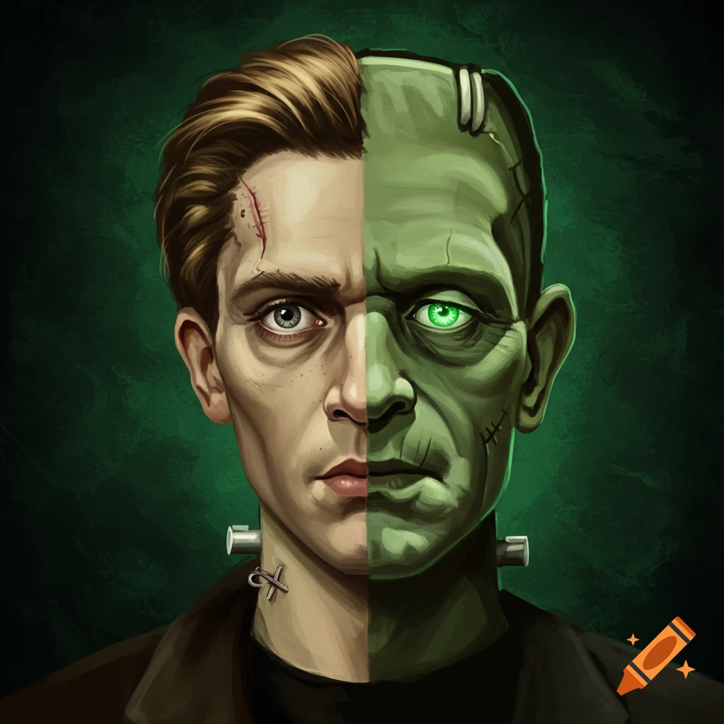 A face split in half, one side a man and the other Frankenstein's monster.