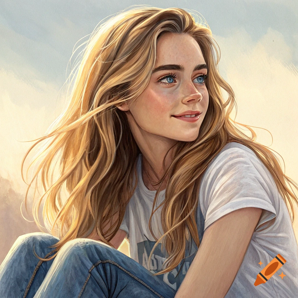 An illustration of a young woman with long blonde hair and blue eyes, wearing a t-shirt and jeans