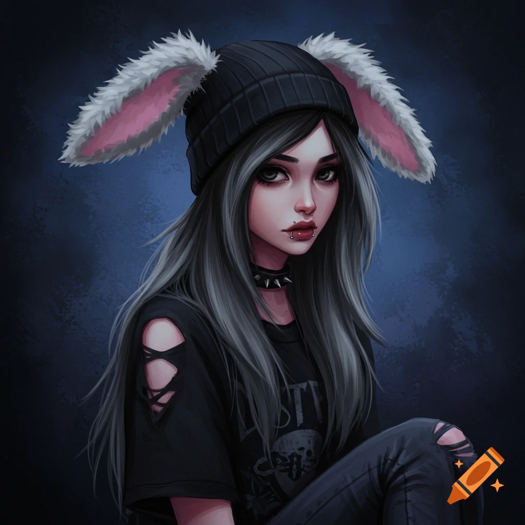 A picture of an emo girl with long dark hair, a black beanie with bunny ears, piercings, a spiked choker, and ripped clothes.