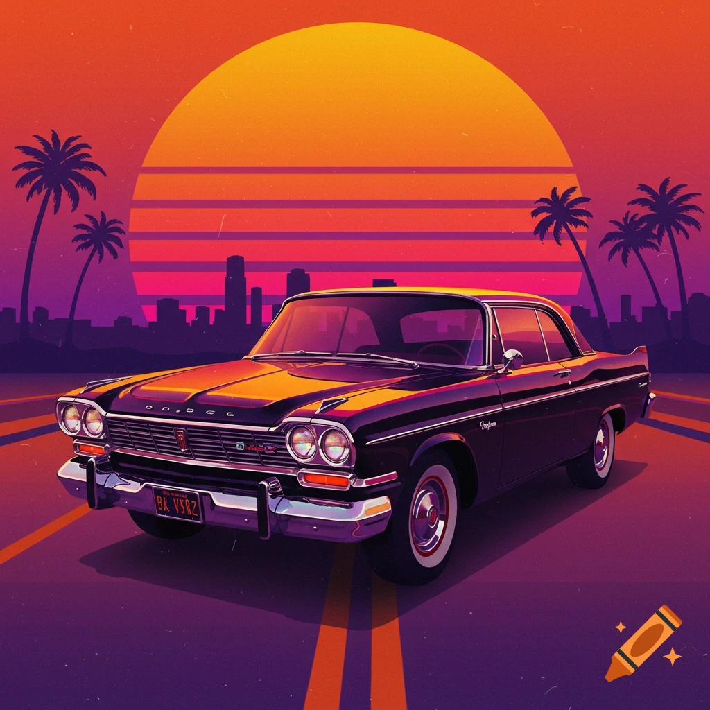 A classic purple car on a road with palm trees and a cityscape silhouette against a large retro sunset.
