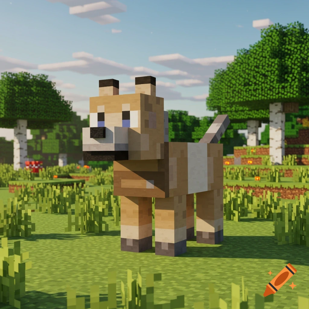 A blocky dog stands in a grassy field with trees in a Minecraft-style landscape.