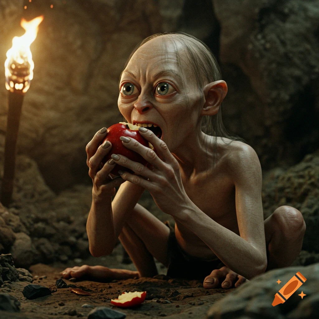 Photorealistic image of Gollum eating an apple while crouching in a cave.
