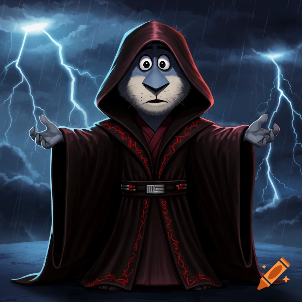 Cartoon animal character in a dark sith robe holding hands out in a stormy sky with lightning.